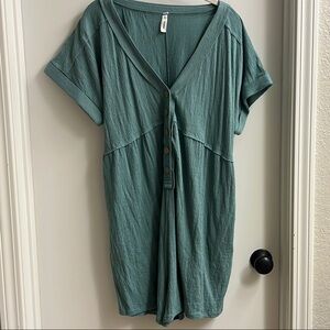 Teal Button-Down Romper With Pockets